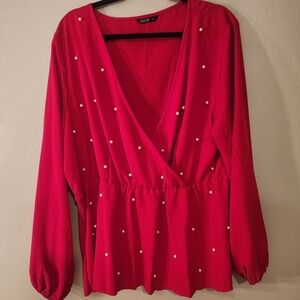 Red Blouse with Pearl Accents